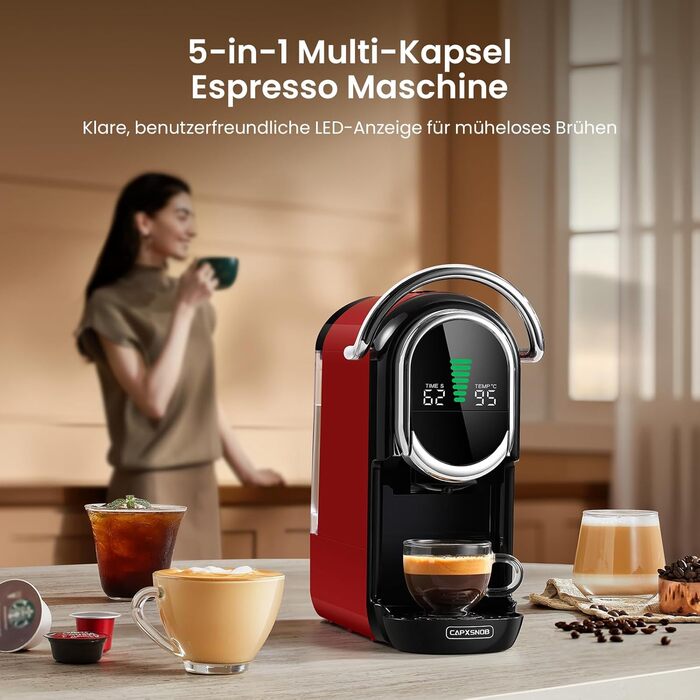 Кавомашина Magician1 Mini Kapselmaschine 5в1 для Nespresso, Dolce Gusto, Lavazza A Modo Mio, ESE 44, кавової гущі | 20 бар, 1450 Вт, LED-дисплей, 7 рівнів води | для дому та офісу, червона
