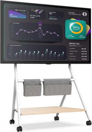 Мобільна підставка для телевізора FITUEYES Design, регульована по висоті, на колесах, з металевою конструкцією та дерев'яною полицею, для ТВ 55–78 дюймів (до 45 кг), для офісу, школи, бізнесу, серія Collector