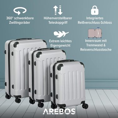 Набір валіз Arebos 3шт. з ABS-пластику | Чемодан на колесах з телескопічною ручкою | З замком-блискавкою, 360° колеса | Розміри M, L, XL | Срібний