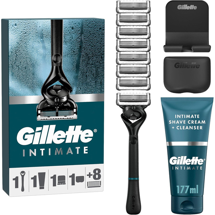 Gillette Intimate набір для гоління чоловіків: бритва, 8 лез, 2-в-1 крем для гоління і душу 177 мл, тримач, дорожній футляр, подарунковий комплект
