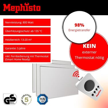 Інфрачервона електронагрівач Mephisto 800Вт для стін і стелі з WiFi, термостатом, пультом, енергоощадна, комплект для монтажу