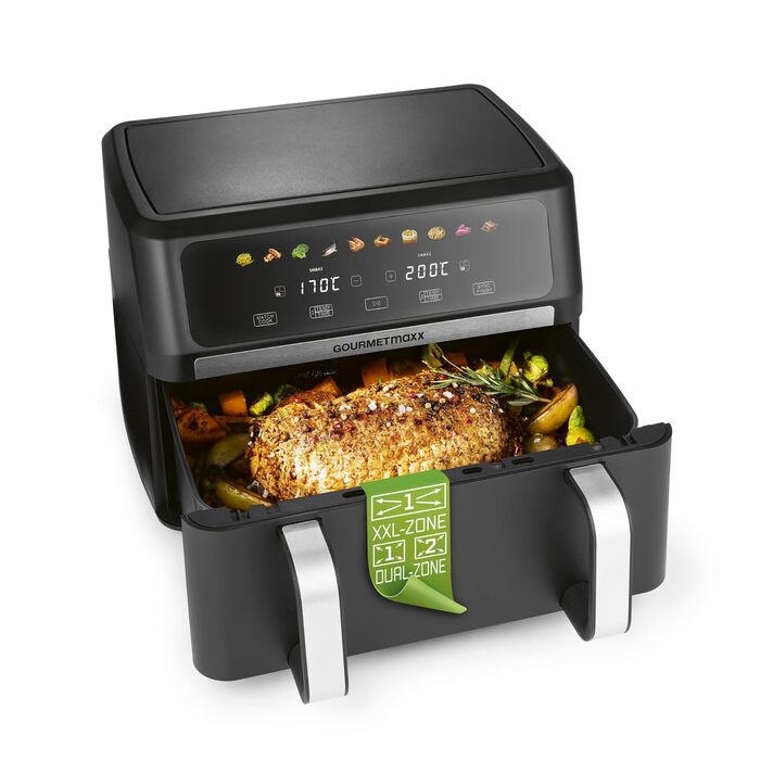 Аерофритюрниця GOURMETmaxx AirGenius 10Л з двома камерами (2x5Л), сенсорним керуванням та 10 програмами приготування, для 8 осіб