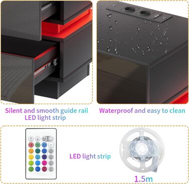 Нічний столик з розеткою та LED, нічник з функцією зарядки та USB, тумбочка з 2 шухлядами (45x35x46 см), чорний, набір 2 шт.