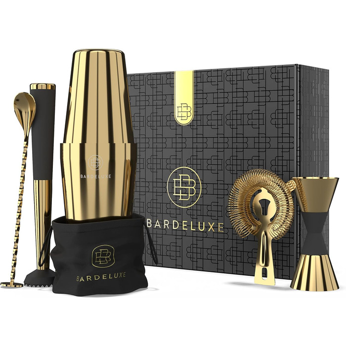 BarDeluxe Бостонський набір бармена 5 в 1, коктейльний мікс-набір з шейкером 750 мл, нержавіюча сталь, аксесуари для коктейлів, подарунковий набір з сумкою та рецептурником (золотий)