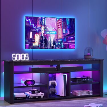 Тумба під телевізор Bestier 70 дюймів з LED-підсвіткою, для PS5, чорний мармур 160x33.8x66.8 см