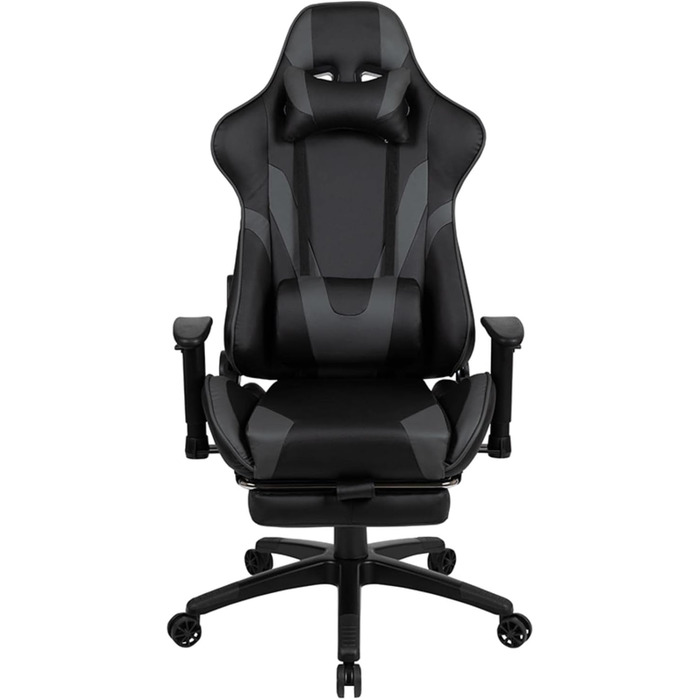 Ігрове крісло Flash Furniture X30, ергономічне, з повністю регульованою спинкою та висувною підставкою для ніг, LeatherSoft, сіре, стиль автоспорт, 1 шт.