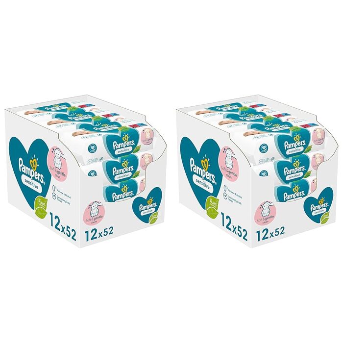 Дитячі вологі серветки Pampers Sensitive без аромату, 12 упаковок по 52 шт (624 шт) для ніжного очищення
