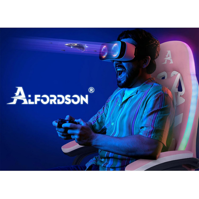 Ігрове крісло ALFORDSON з LED RGB підсвіткою, масажером і підставкою для ніг, ергономічне комп'ютерне крісло рожеве
