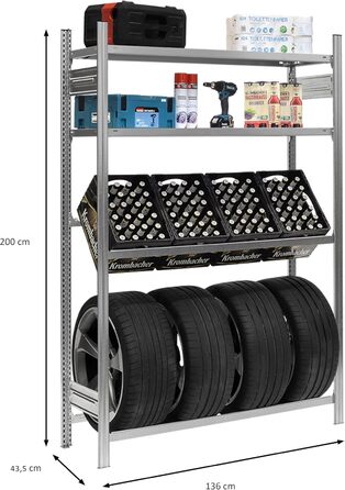 Стелаж для ящиків та шин PROREGAL CHIEMSEE TIRE, німецька якість, 200x136x43,5 см, оцинкована, для 3 ящиків, 4 шин та 2 дощок