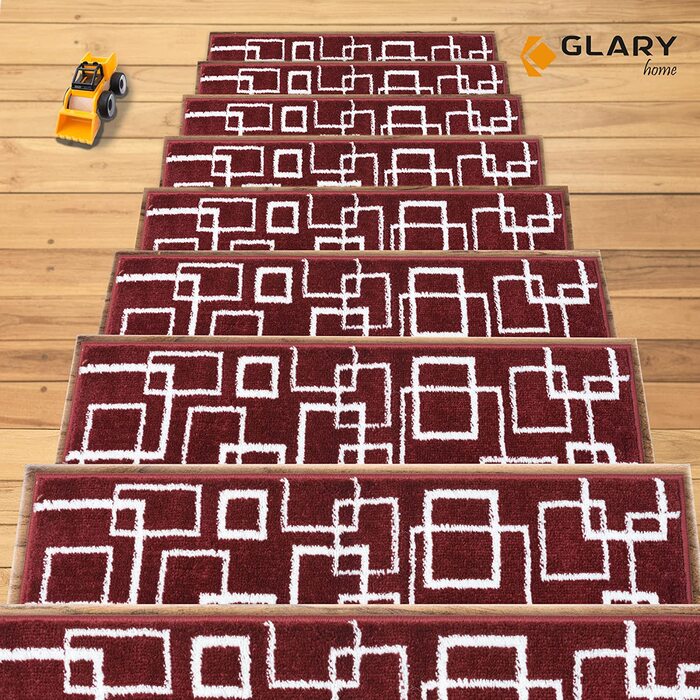 Набір 15 самоклеючих килимків для сходів Glary Home, 22x71x1,2 см, квадратний візерунок, біло-червоні