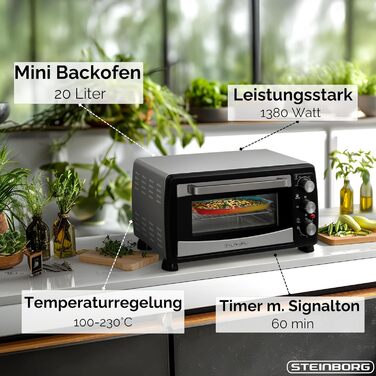 Міні-піч Steinborg® з конвекцією 20 літрів: піч для піци, крихти, конвекція, верхнє та нижнє нагрівання, 1400 Вт, таймер, для кемпінгу або дому