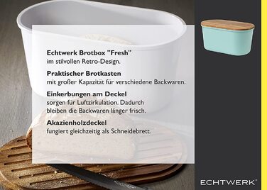 Хлібниця ECHTWERK FRESH з кришкою та дошкою з акації, бірюзова, 37x22x17 см, для 1 кг хліба