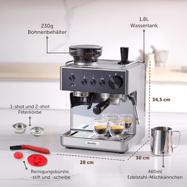 Кавомашина Breville Barista Slimline VCF185X: еспресо, капучино, лате - срібляста, з вбудованим капучинатором, 15 бар