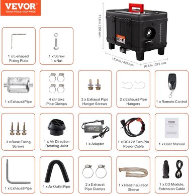 Дизельний обігрівач VEVOR 8 кВт 12/24 В з Bluetooth, пульт, дисплей, CO-датчик, горизонтальний, портативний
