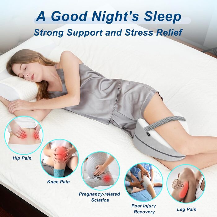 Подушка для сну на боці з піни Memory Foam, ергономічна, з охолоджуючим чохлом, сіра в горошок з ремінцем