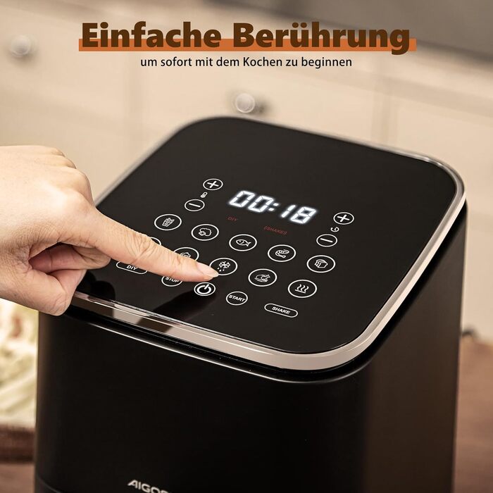 Аерофритюрниця Aigostar Dot 2Л: Airfryer з LED-сенсорним екраном, 8 програмами, 1200W, регулюванням температури та таймером, антипригарне покриття, BPA-free