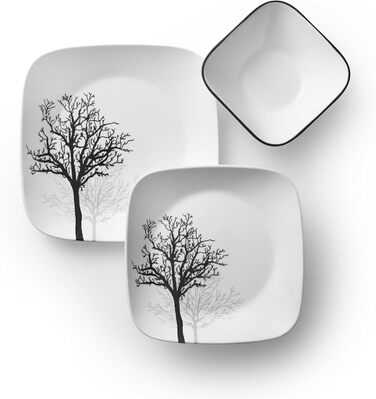 Набір посуду Corelle Timber Shadows 18 предметів, чорний і білий, для 6 персон, ударостійкий – квадратні тарілки 26 см, 17 см і миски 530 мл