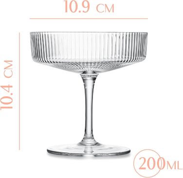 GLASSIQUE CADEAU Набір келихів для коктейлів та шампанського, арт-деко, 4 шт, 200 мл | Келихи для Cosmopolitan, Daiquiri, Espresso Martini