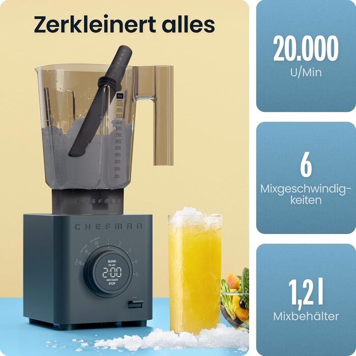 Блендер стаціонарний Chefman Obliterator 1.2л, 1380W, для смузі, льоду, горіхів, з нержавіючою сталлю, функція Auto Blend, пляшка 600мл - Midnight