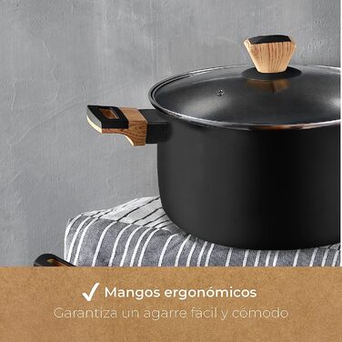Каструля BERGNER Earth Black 24 см, алюмінієва з антипригарним покриттям, дерев'яна ручка, для індукції та всіх типів плит, з кришкою, чорна