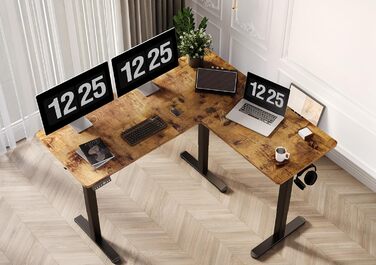 Кутовий письмовий стіл Claiks 160x140 см, електричний, регульований по висоті, L-подібний, з двома моторами, на колесах, вінтажний коричневий