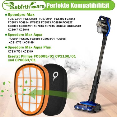Комплект з 4 фільтрів для пилососів Philips SpeedPro Max Aqua (моделі FC6812, FC6813, FC6822, FC6823, FC6826, FC6723/01, FC6901-FC6904, XC7042/01, XC8045/01, XC8147/01), сумісні з Philips FC5005/01, змінні HEPA-фільтри Rebirthcare