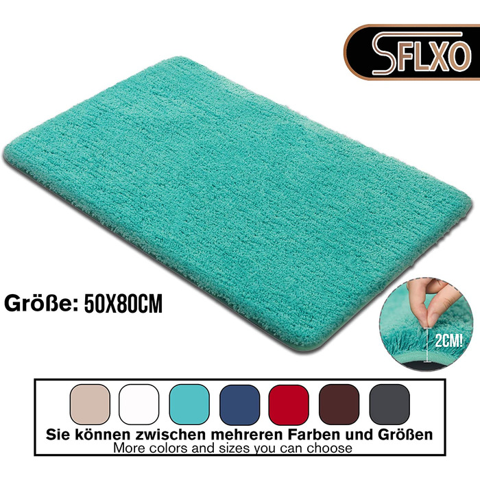 Килимок для ванної SFLXO 80x50 см, мікрофібра, антиковзний, машинне прання, бірюзовий, прямокутний, водопоглинаючий, м'який