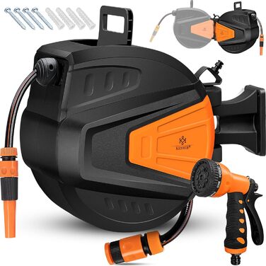 KESSER® Автоматична карусель для шланга 20м + Ручна лійка з 9 режимами, подовжувач, помпа, оранж. Для саду та городу.