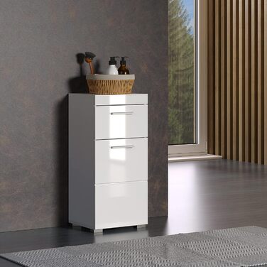 Комод для ванної Trendteam Amanda, білий глянцевий, 37x79x31 см, з 1 дверцятами і 1 шухлядою, універсальний, сріблясті ручки