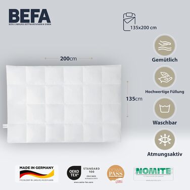 Зимова ковдра з пуху та пера BEFA NATUR 135x200 см, 60% пух, 40% перо, антиалергенна, сертифікат Öko-Tex 100, Downpass, Made in Germany