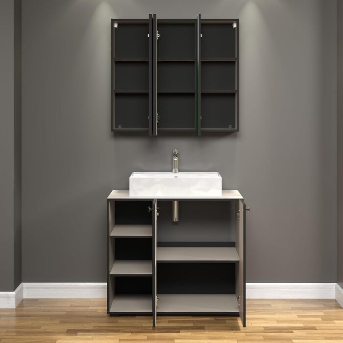 Тумба під раковину на колесах PureBliss від trendteam smart living, 80x64x42 см, з 2 відкритими полицями та вставною дошкою, стійка до подряпин, світло-сірий кашемір
