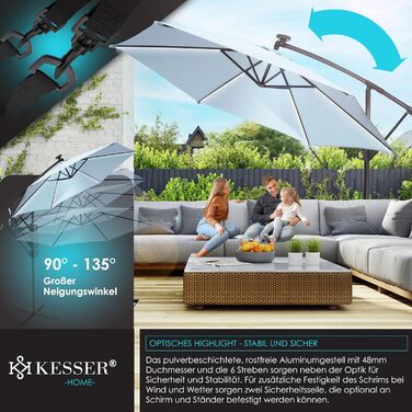 Сонячна LED парасолька KESSER з алюмінію, 350 см, з дистанційним керуванням, підставкою, водовідштовхувальна, UV-захист, світло-блакитна