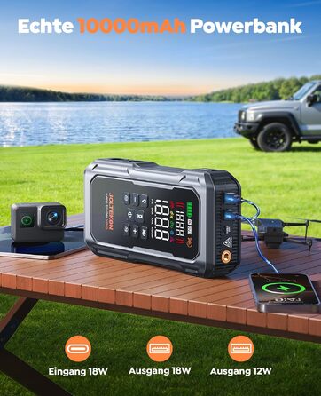 Пусковий пристрій (бустер) 7000A для авто: Powerbank для бензинових та дизельних двигунів (до 12.0L), з компресором 160 PSI, надувним насосом, LED-ліхтарем 800 Лм та LCD-дисплеєм