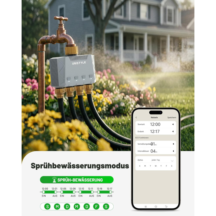 Розумний таймер для поливу GardenLife з Wi-Fi, 4 канали, керування через додаток та голосові команди, 5 програм поливу для газону та саду