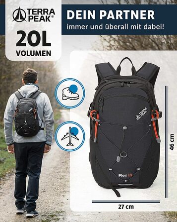 Туристичний рюкзак Terra Peak Flex 20L, чорний, з вентиляцією спини, питною системою та дощовиком, поліестер 3D Air Mesh, для походів та міста
