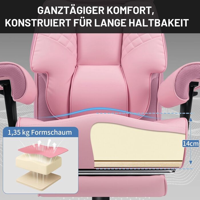 Офісний крісло HOFFREE Ergonomiczne для керівника, 220 кг, з підставкою для ніг, регульованою поперековою підтримкою, регульованою висотою підголівника, PU шкіра, чорне (рожева шкіра)