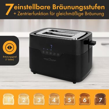 Тостер ProfiCook на 2 скибки з насадкою для булочок, широким отвором, 7 режимів підсмажування, функція розморожування, сенсорне керування, нержавіюча сталь, чорний матовий