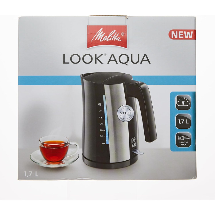 Електрочайник Melitta Look Aqua 1026-02, 1,7 л, 2400 Вт, чорний, з автоматичним вимкненням, захистом від перегріву та прихованим нагрівальним елементом