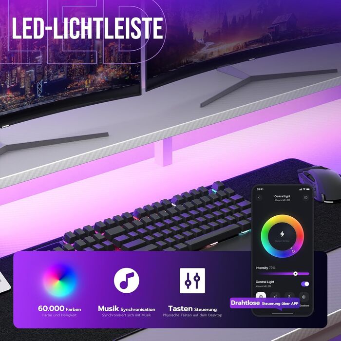 Ігровий стіл YOUDENOVA 150x50 см з LED-підсвіткою, розеткою та шухлядами, стільниця з карбону, білий