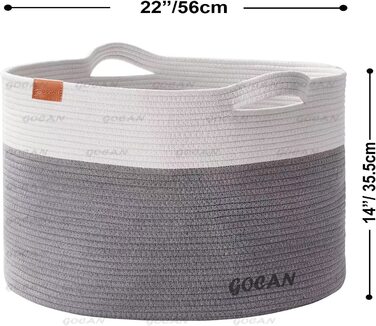 Великий кошик GOCAN XXXL з бавовняного канату 55х35 см, світло-сірий, плетений кошик для зберігання речей, іграшок, пледів, рослин, подушок, з ручками, для вітальні та дитячої