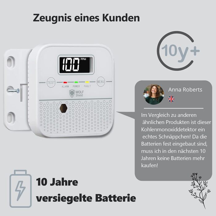 Детектор чадного газу WOLF SHIELD Mini-CO з LCD-дисплеєм та батареєю на 10 років, портативний датчик CO для дому, білий