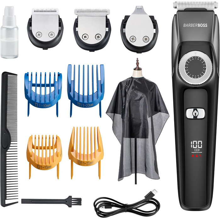 BarberBoss 3-в-1 тример для волосся та бороди, чоловічий набір для стрижки, USB, водонепроникний, 4 насадки, LED підсвітка