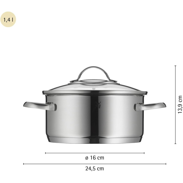 Каструля WMF Provence Plus 16 см зі скляною кришкою, 2 л, для індукції, нержавіюча сталь Cromargan, підходить для духовки