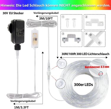 Світлодіодна гірлянда-шланг 30 м StarryEver, 300 LED, теплий білий та 24 різнокольорових, для вулиці, з пультом для саду