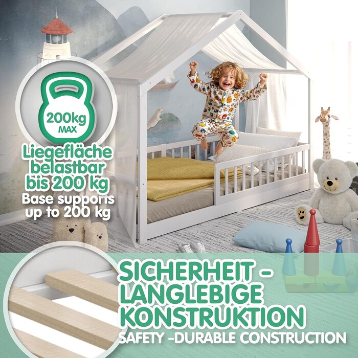CADANI Мальте - ліжко-будиночок для дітей 120x200 см, біле, Montessori, з бортиками, трансформується, з ламелями, до 200 кг, біле