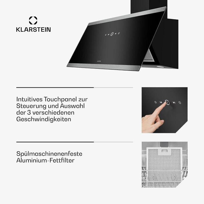 Витяжка кухонна Klarstein FlashLine 60 вбудована, 524 м³/год, сенсорне керування, LED-підсвітка, чорна з міддю, режим відведення та рециркуляції повітря, 90 см