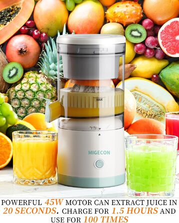 Електрична цитрусовижималка MIGECON портативна з USB зарядкою, біла. Для апельсинів та інших цитрусів, 45 Вт, з щіткою для чищення та захистом від крапель