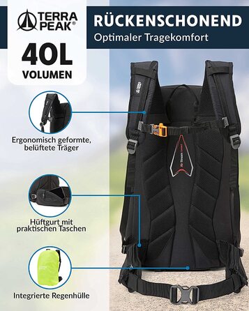 Туристичний рюкзак Terra Peak Flex 40L чорний, з вентиляцією спини, регочохлом і кріпленням для питної системи, 3D Air Mesh, для походів, з поясом, преміум-якість