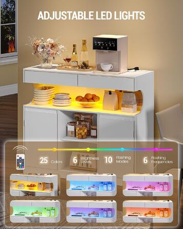 Сервант-буфет Hzuaneri для кухні та вітальні з LED-підсвіткою та вбудованим подовжувачем (розетками), білий