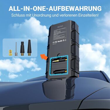 Пусковий пристрій (бустер) для авто Starthilfe 6000A з компресором 150 PSI, Powerbank 12V для бензинових та дизельних двигунів до 10л, з QC3.0, LCD-дисплеєм та ліхтарем, помаранчевий